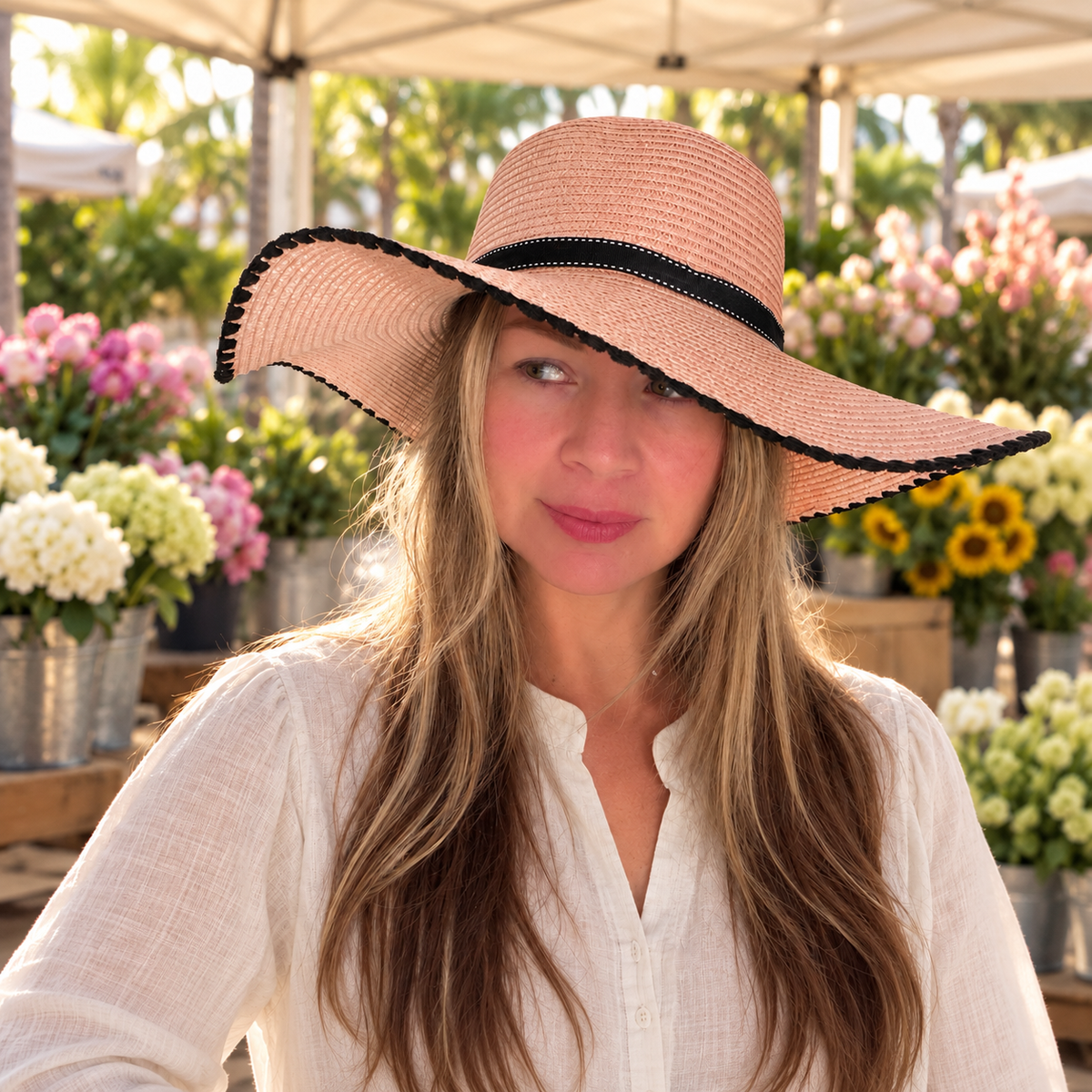 Woman wearing the Marseille blush pink wide-brim sun hat with black trim at an outdoor flower market