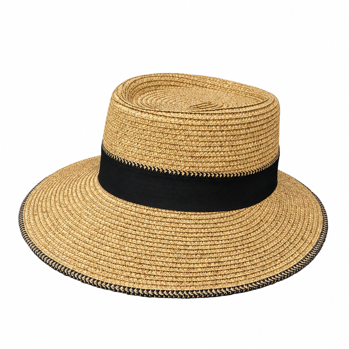 Melanie natural Toyo braid boater hat with a black band and asymmetrical brim on a white background.