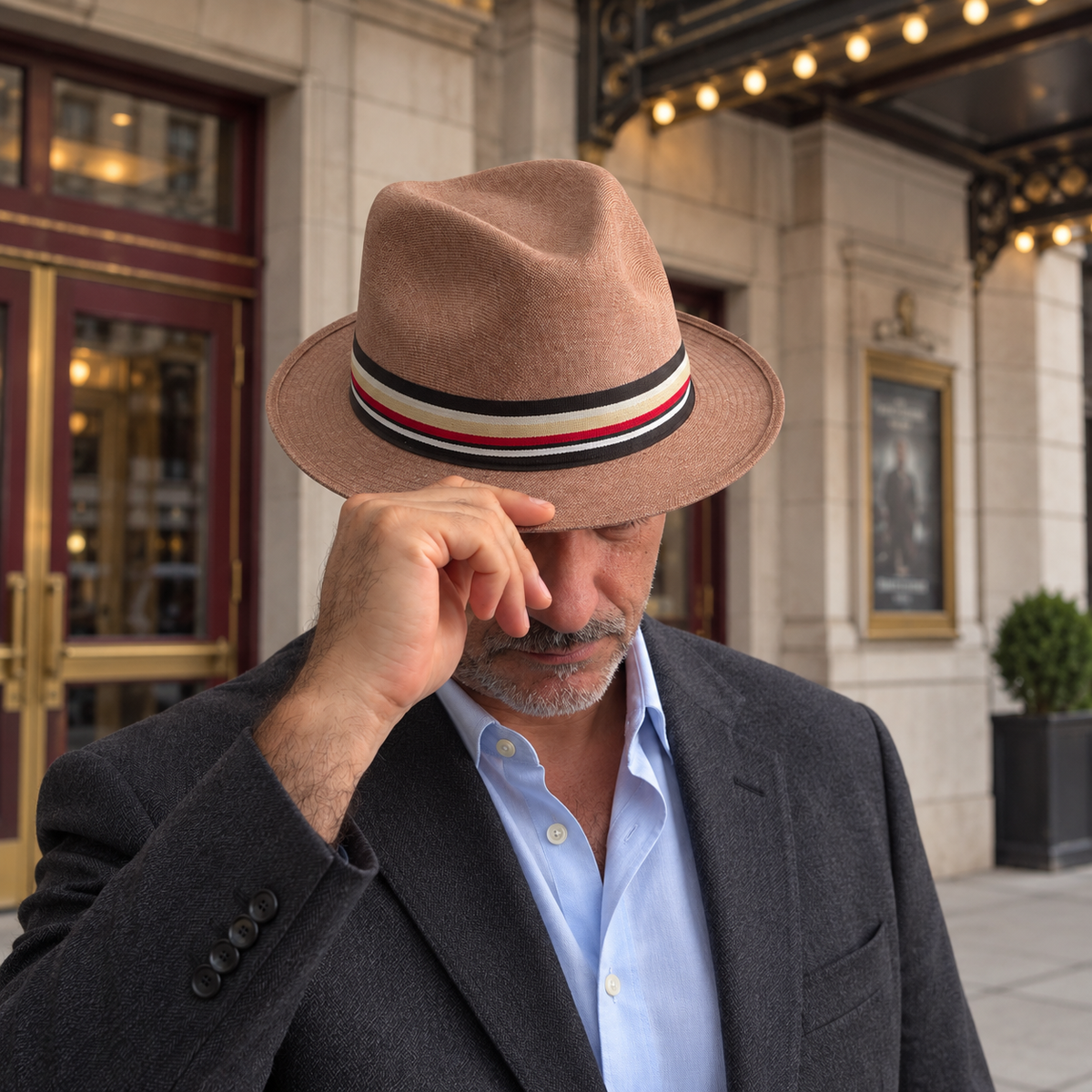 Man wearing the Mia Brown Striped structured linen fedora with a multicolor ribbon outside a classic theater.