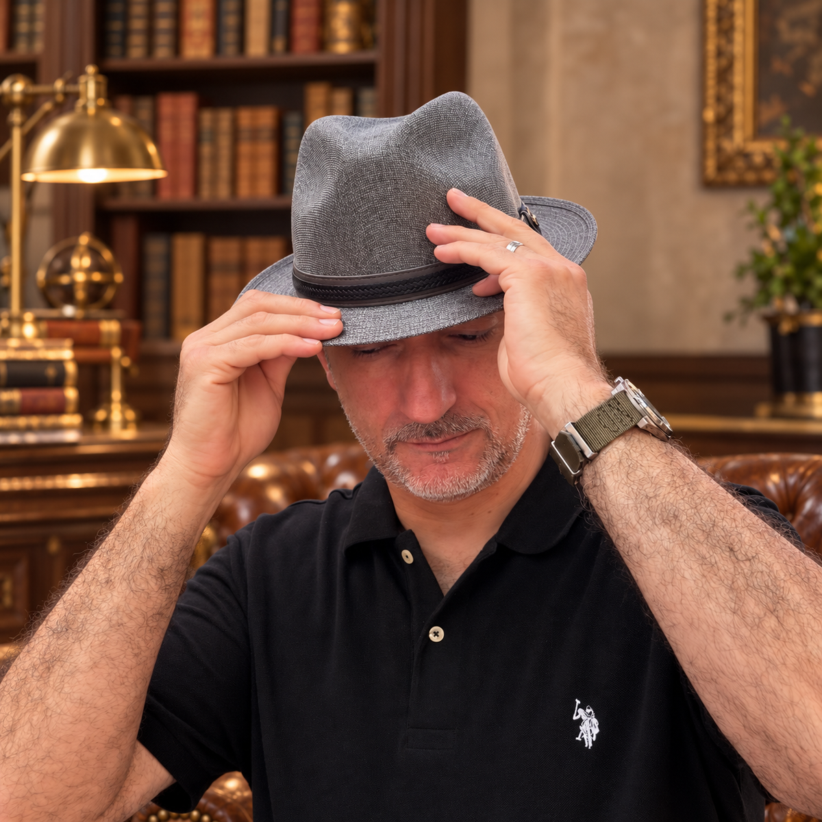Man adjusting the brim of Mia Gray structured linen fedora indoors
