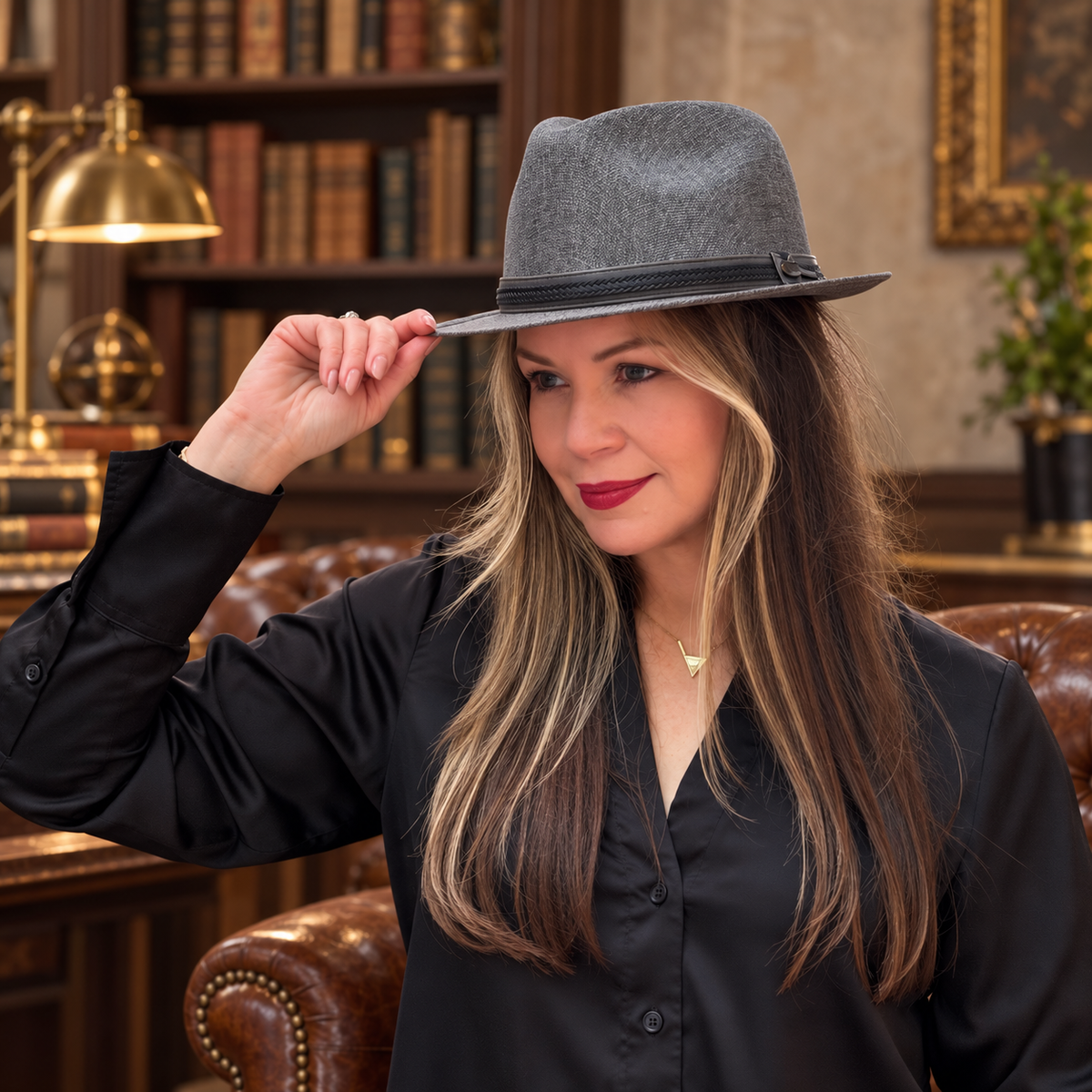 Woman wearing Mia Gray structured linen fedora in a warm library interior
