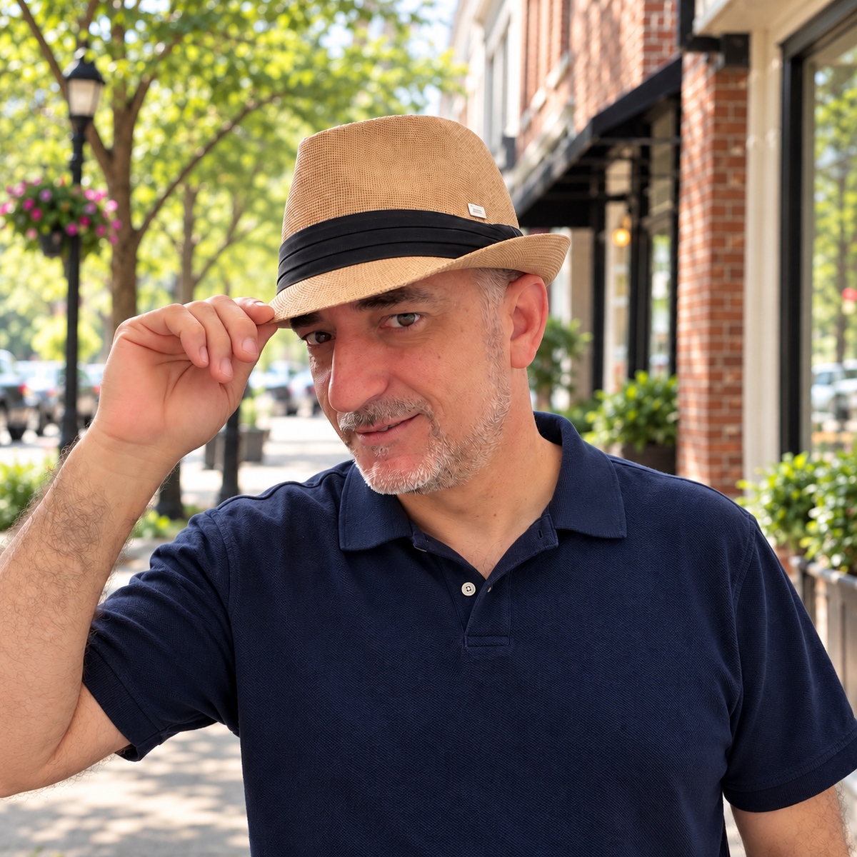 Man wearing Mike tan short brim fedora with black band on a town stroll.