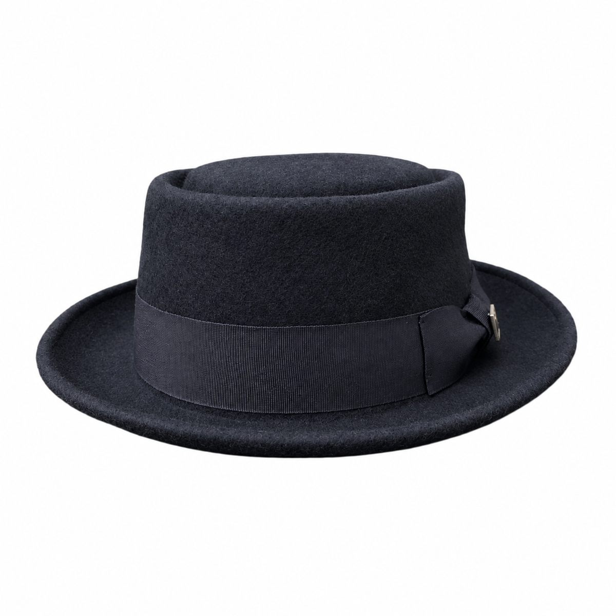 Monte Carlo black wool boater hat with recessed flat crown and ribbon band on a white background