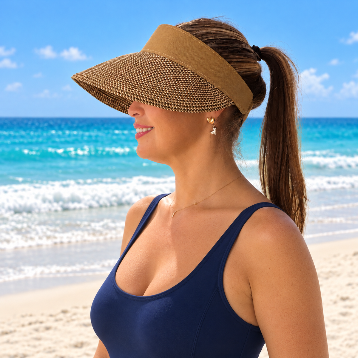 Side profile of a woman wearing the Nala Mixed Khaki adjustable visor with a ponytail and navy one-piece swimsuit on a beach