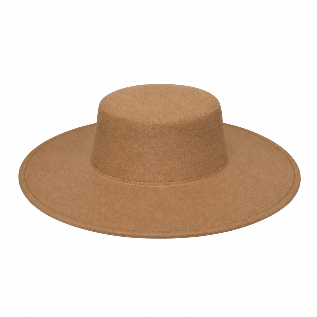 Nilo tan vegan felt boater hat with a flat crown and wide flat brim on a white background.