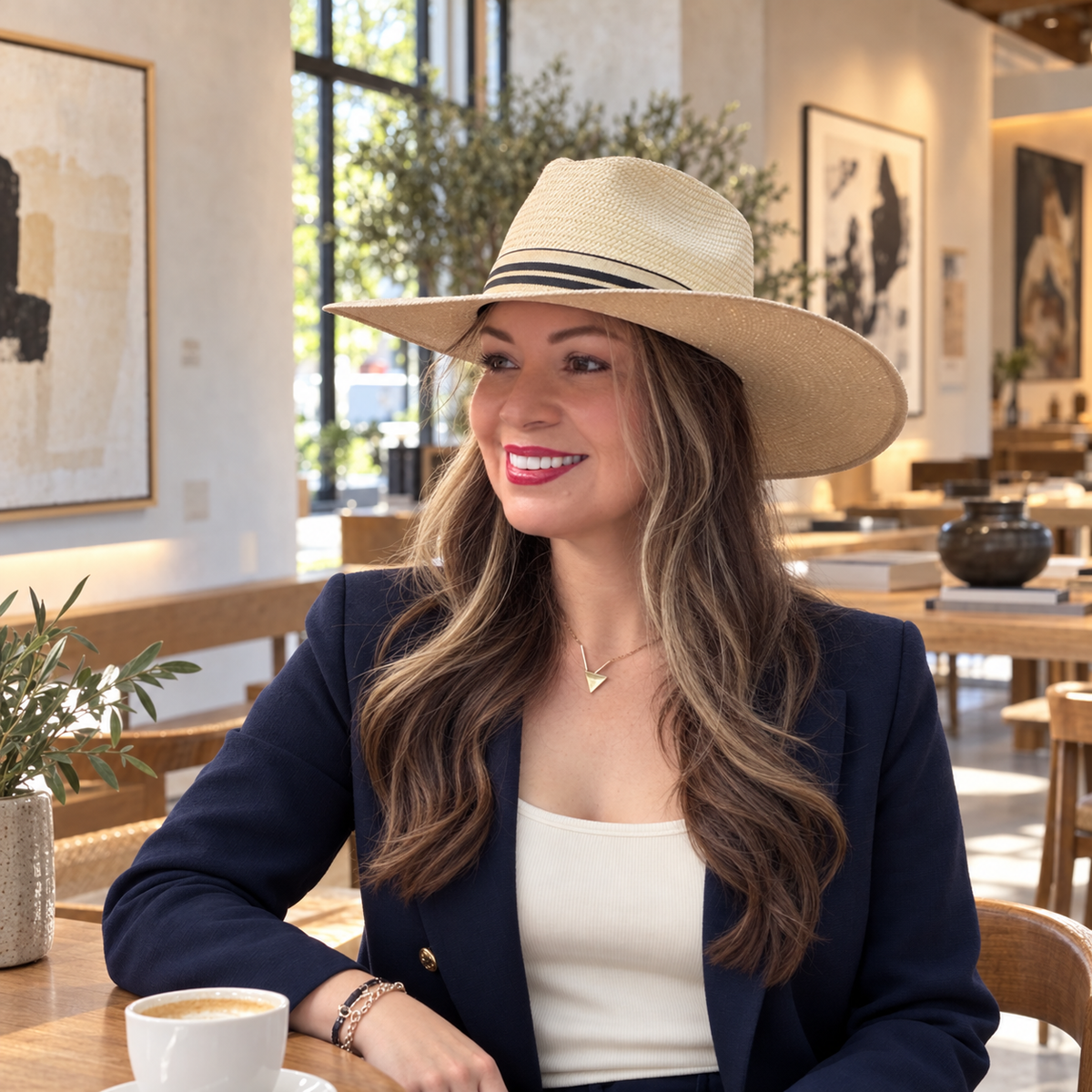 Woman wearing the Oasis MAX extra wide champagne Panama hat with a navy blazer in an art gallery cafe.