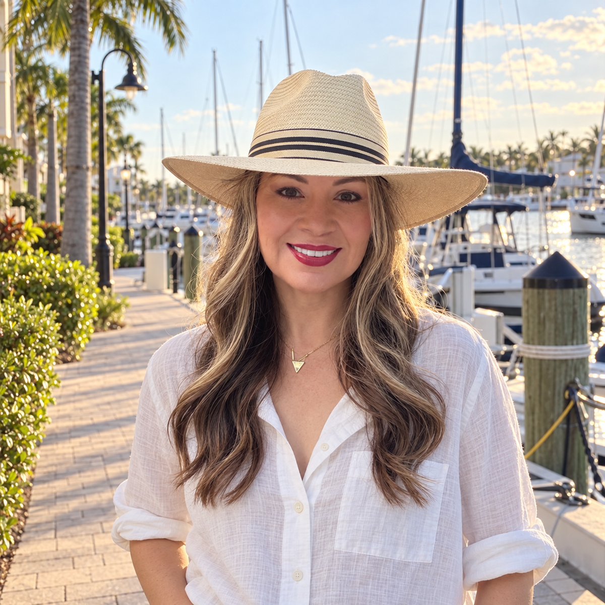 Woman wearing the Oasis MAX extra wide champagne Panama hat with an ivory linen shirt at a marina.