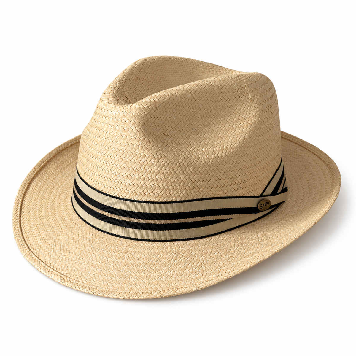Oasis champagne short-brim fedora with a black striped band.