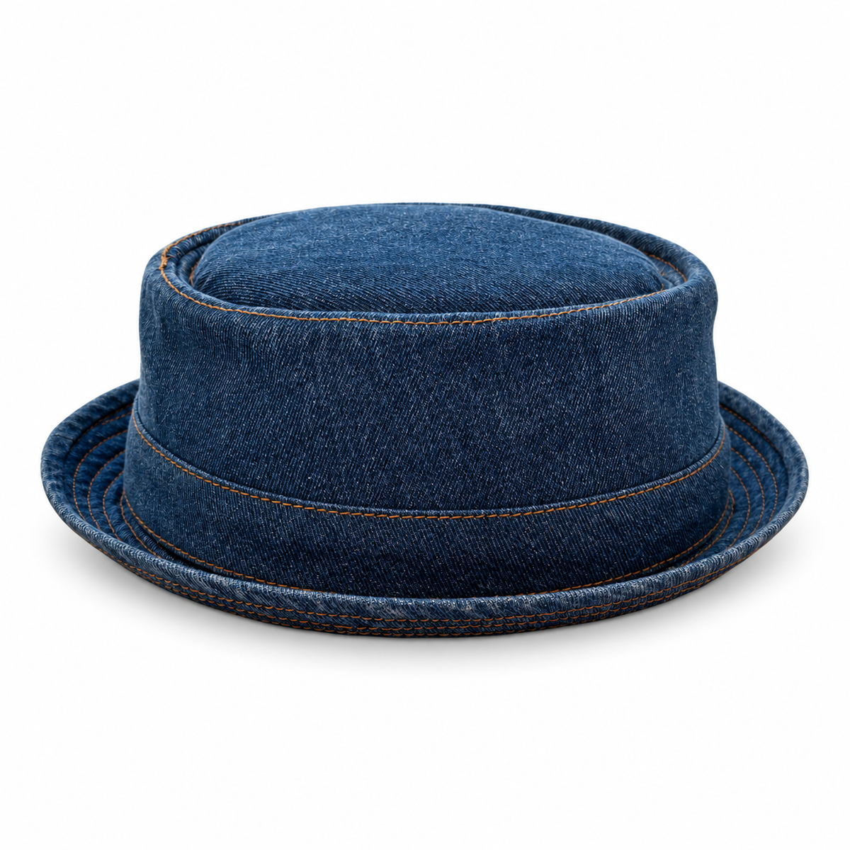 Oxford denim cotton pork pie hat with tan stitching and upturned brim on a white background
