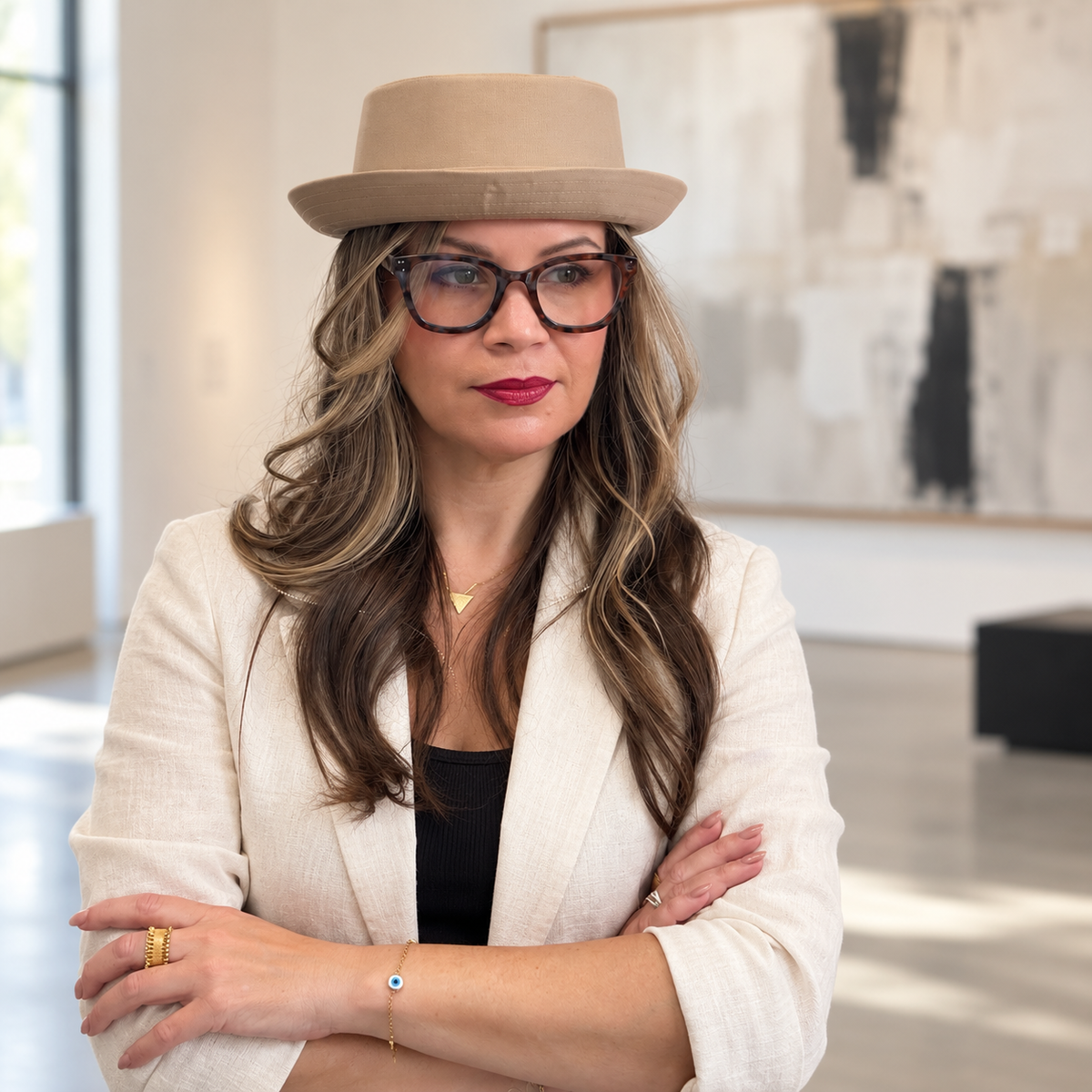 Woman wearing the Oxford khaki cotton pork pie hat with an ivory blazer in an art gallery.