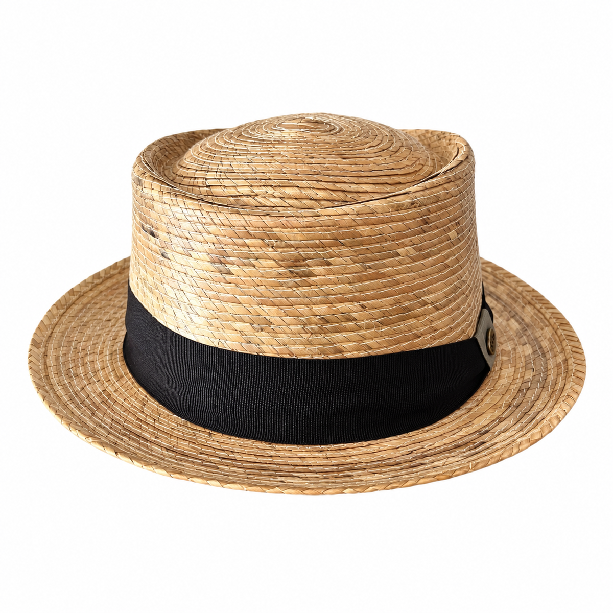Palermo natural palm leaf boater hat with a short brim and dark ribbon band on a white background.