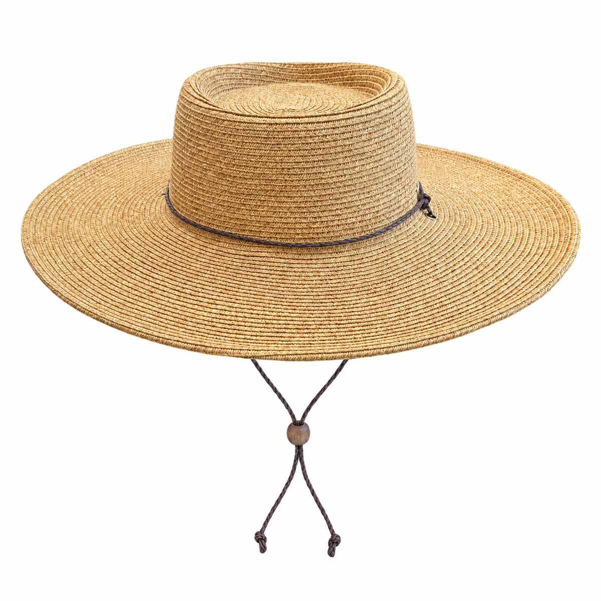 Paloma natural paper straw boater hat with a wide brim and brown chin cord on a white background.