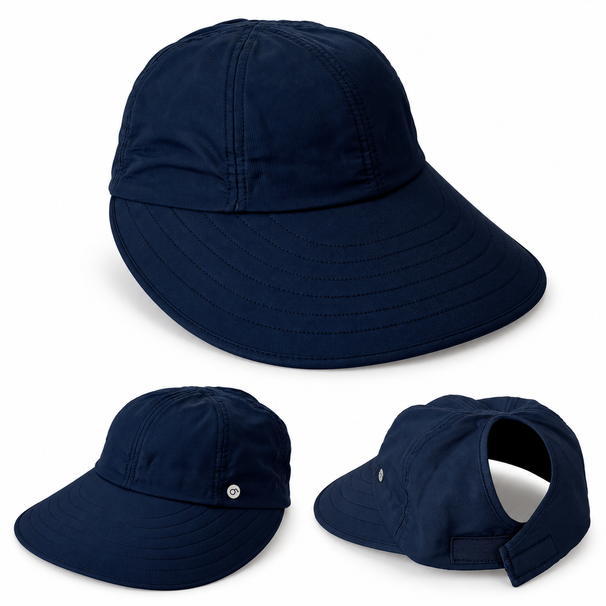 Navy blue Pia visor hat shown from the front, side and back, with its wide brim, ponytail opening and adjustable closure.