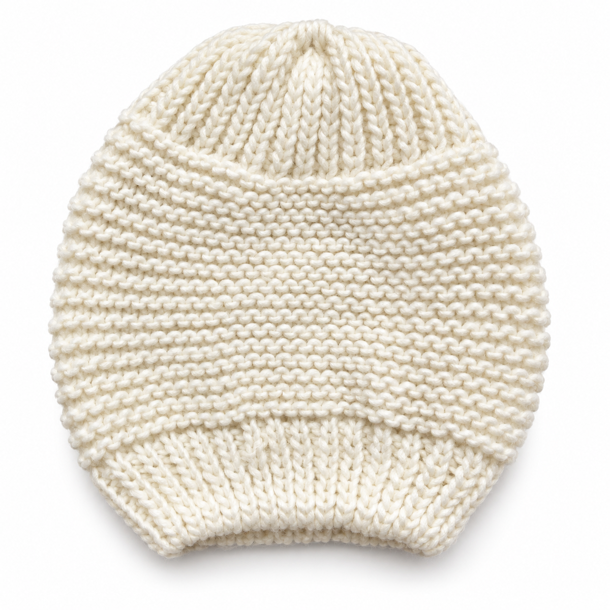 Salo ivory knitted ponytail beanie, front view on white background