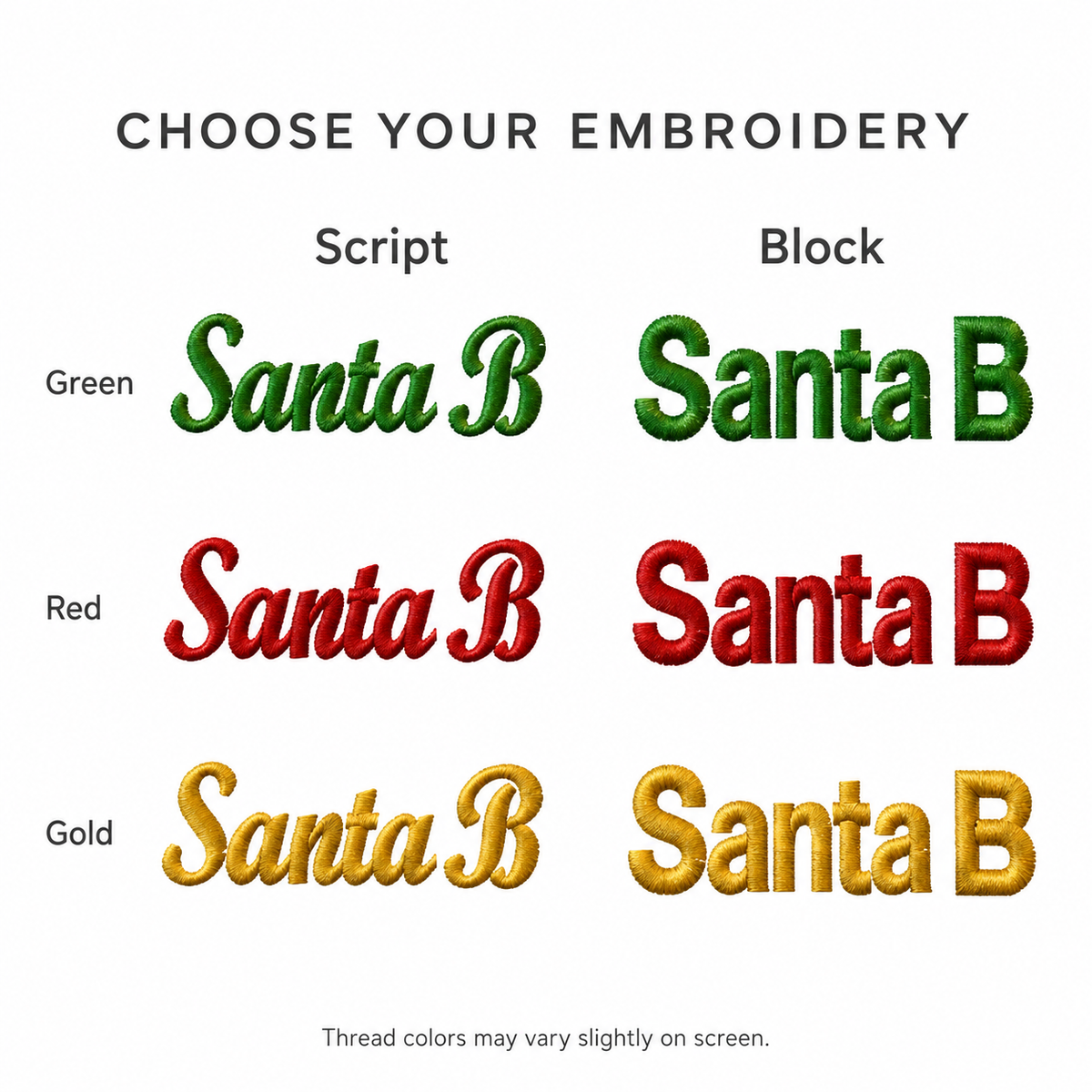 Script and Block embroidery options in green, red and gold for personalized Santa hats.