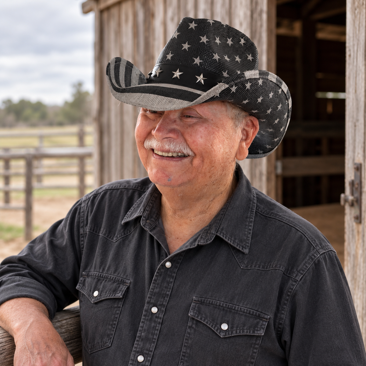 Man wearing Star Rider Black cowboy hat with silver stars beside a rustic stable