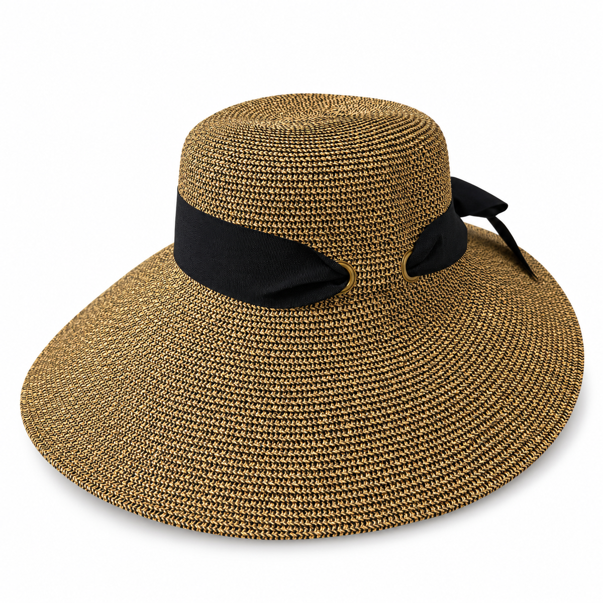 Susan Mocha woven asymmetrical sun hat with black bow on white background