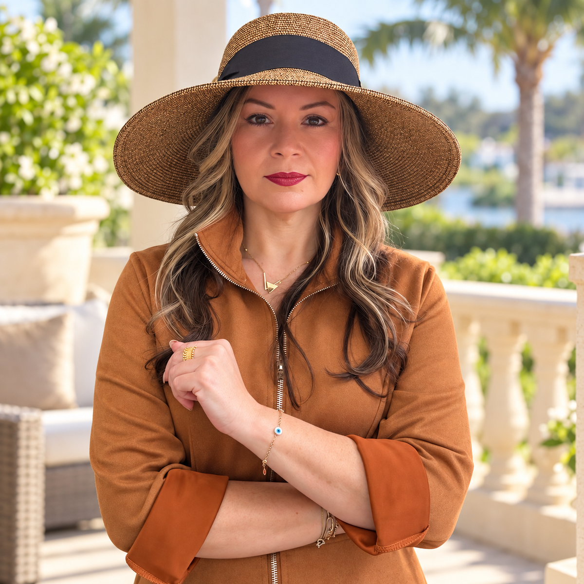 Woman wearing the Susan mocha wide brim hat with a black band on a resort terrace.