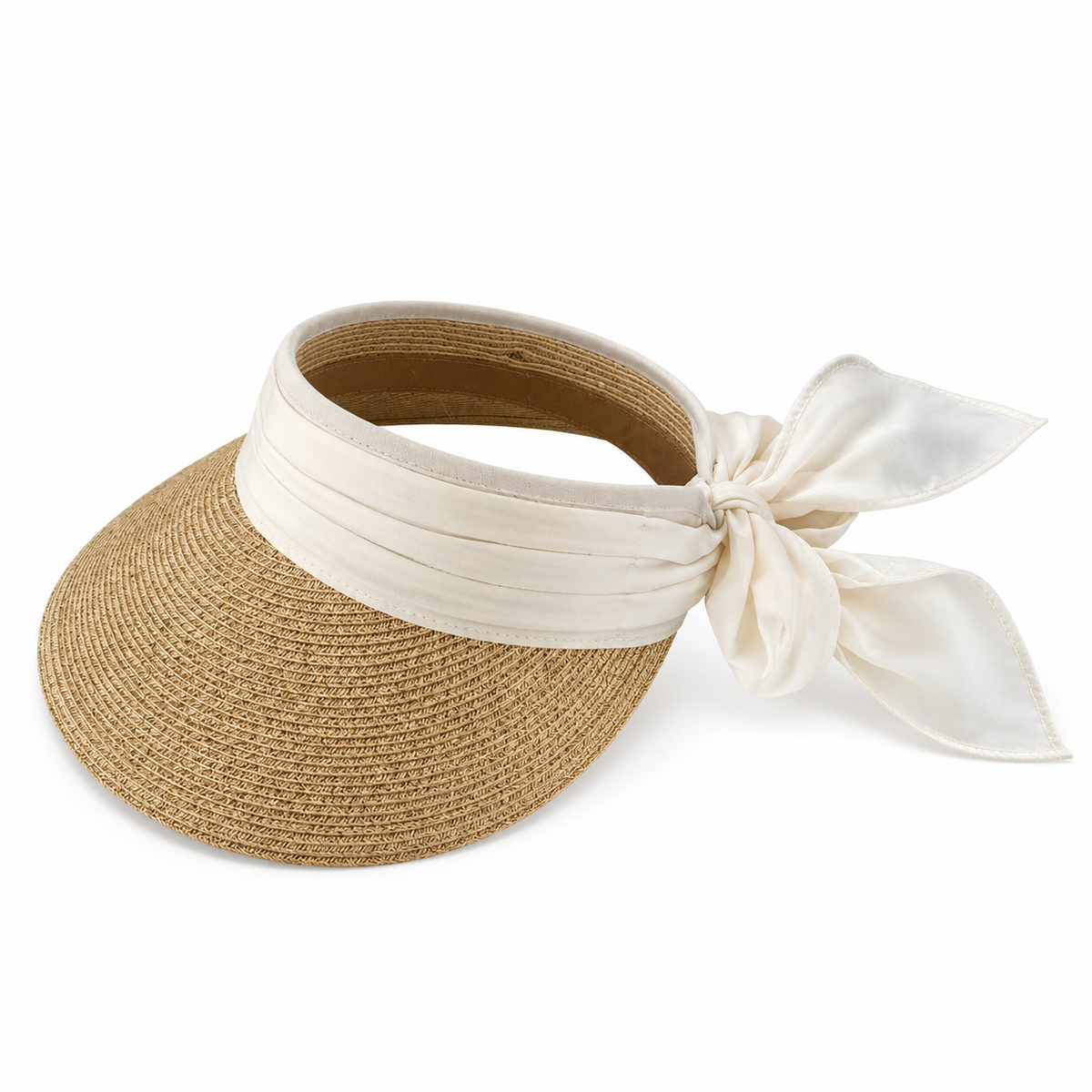 Vero natural Toyo braid visor with an ivory chiffon bow on a white background.