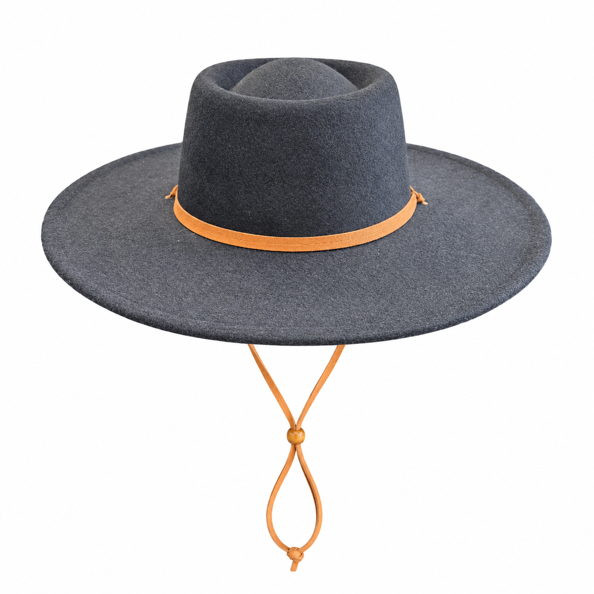 Zion black vegan felt boater hat with a wide flat brim, tan cord band and chin cord on a white background.