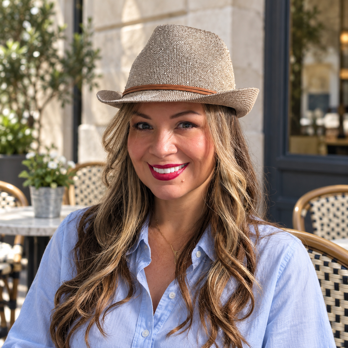 Woman wearing the beige Zuri short-brim fedora with a tan band and a light blue shirt at an outdoor cafe.