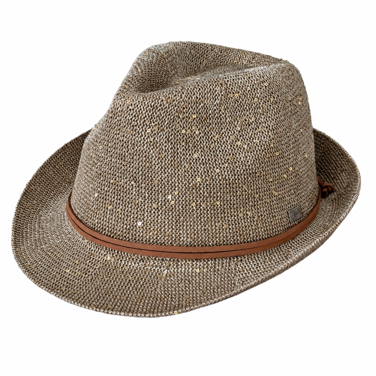 Zuri taupe sequin short-brim fedora with a narrow brown band.