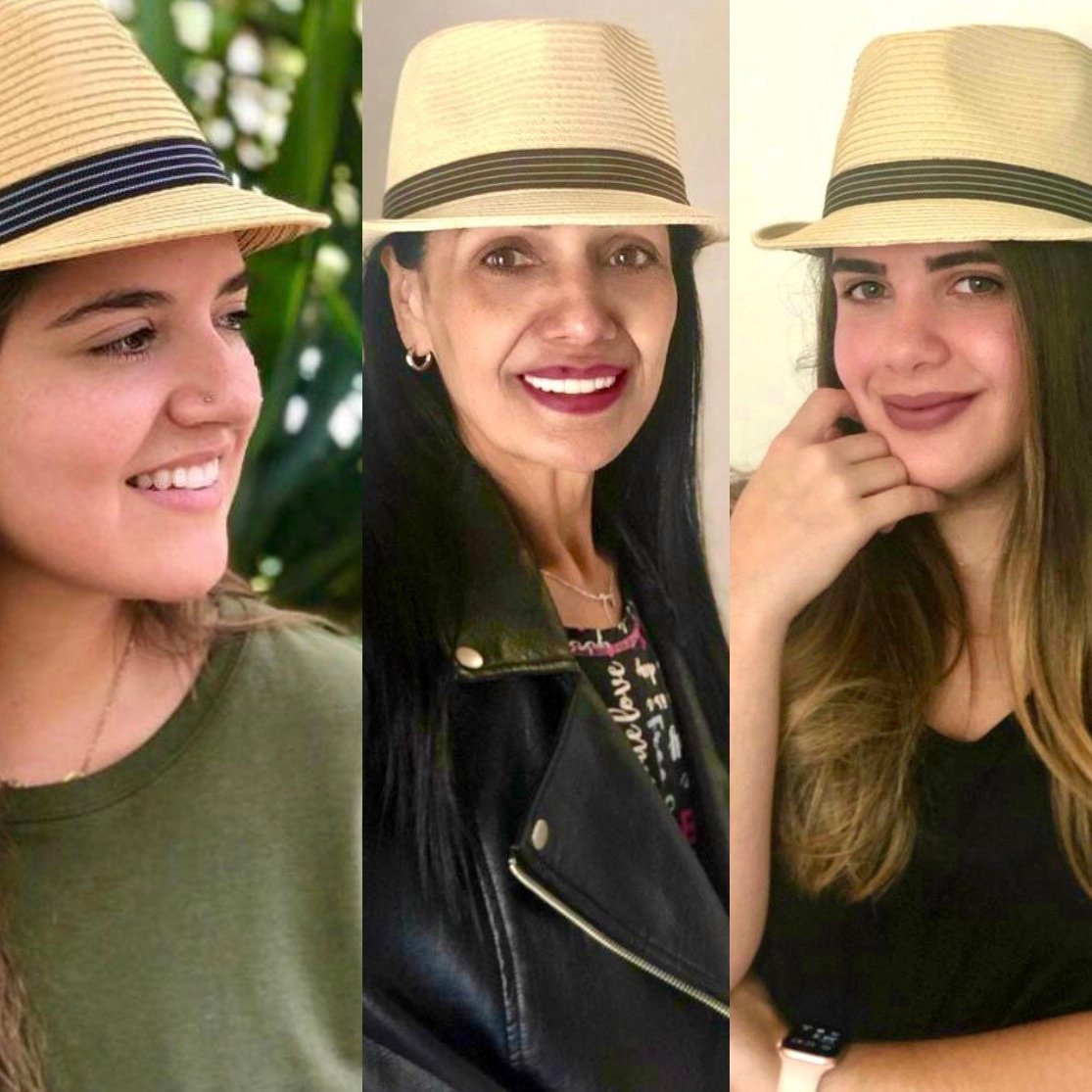 Three women wearing Bilbao short-brim fedoras in natural shades.