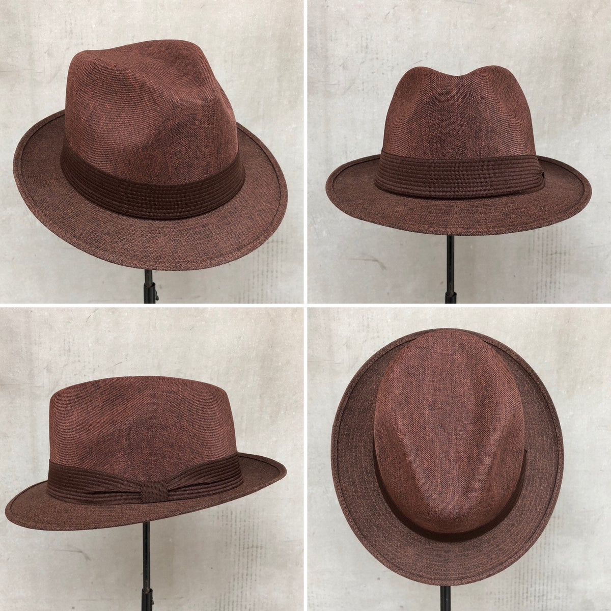 Four views of Mia brown structured fedora.