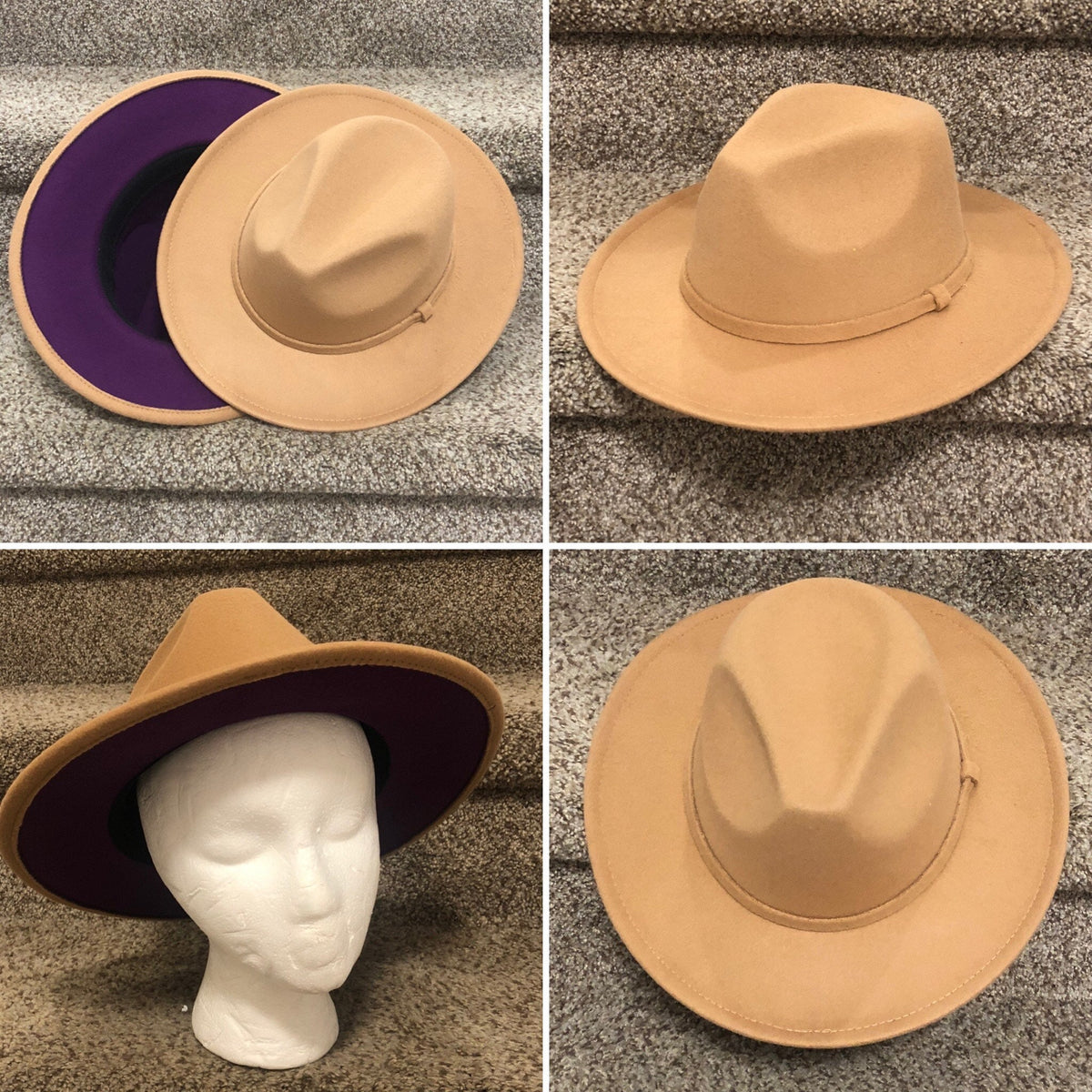 Four views of Zair tan fedora with a purple brim underside.