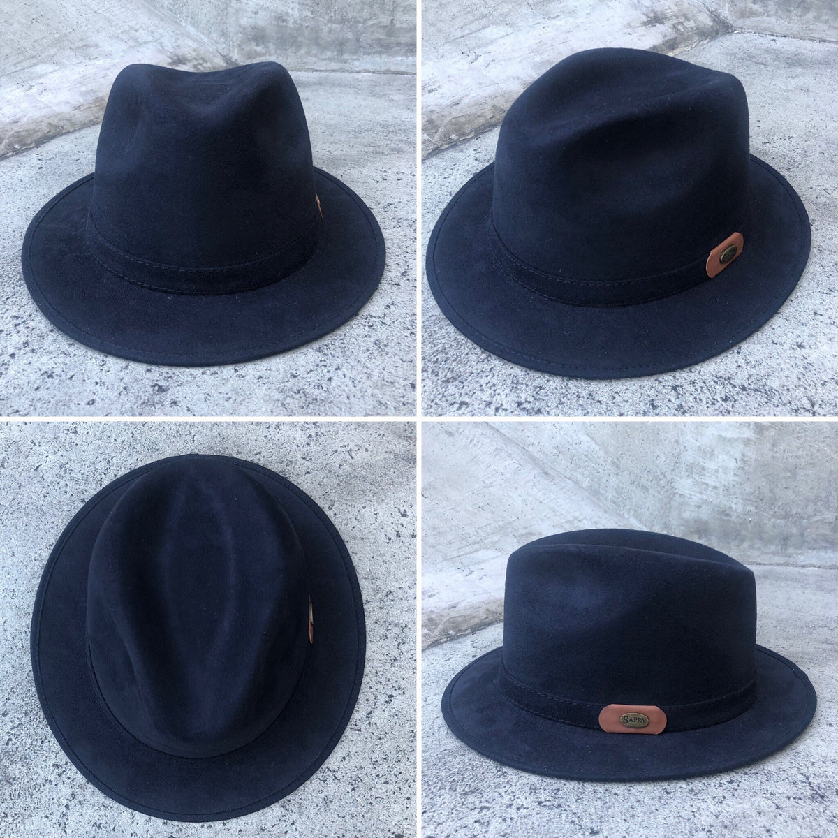 Four views of Boreal Polaris black short-brim fedora.
