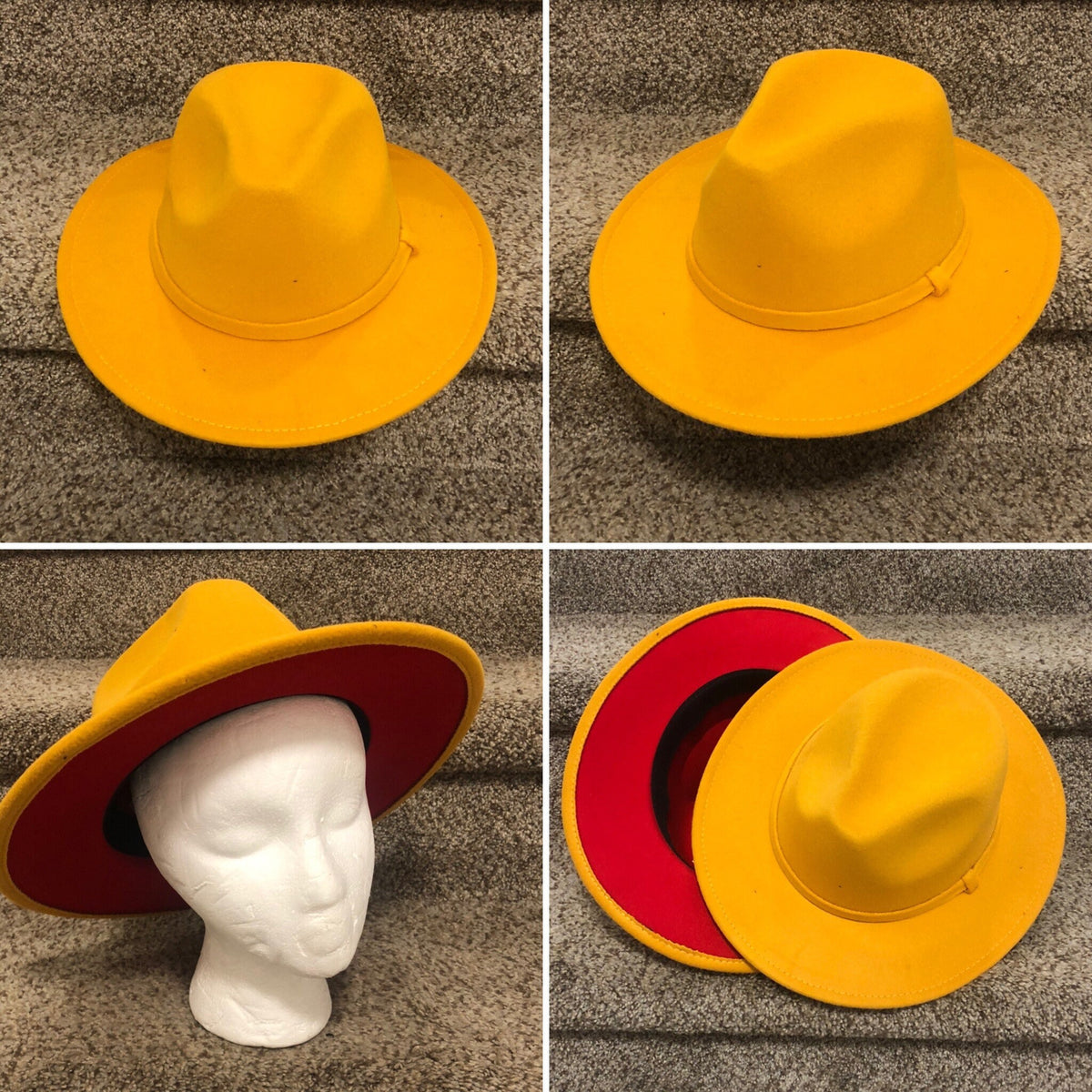 Four views of Zair yellow fedora with a red brim underside.