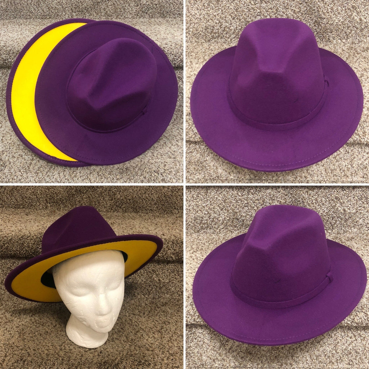 Four views of Zair purple fedora with a yellow brim underside.