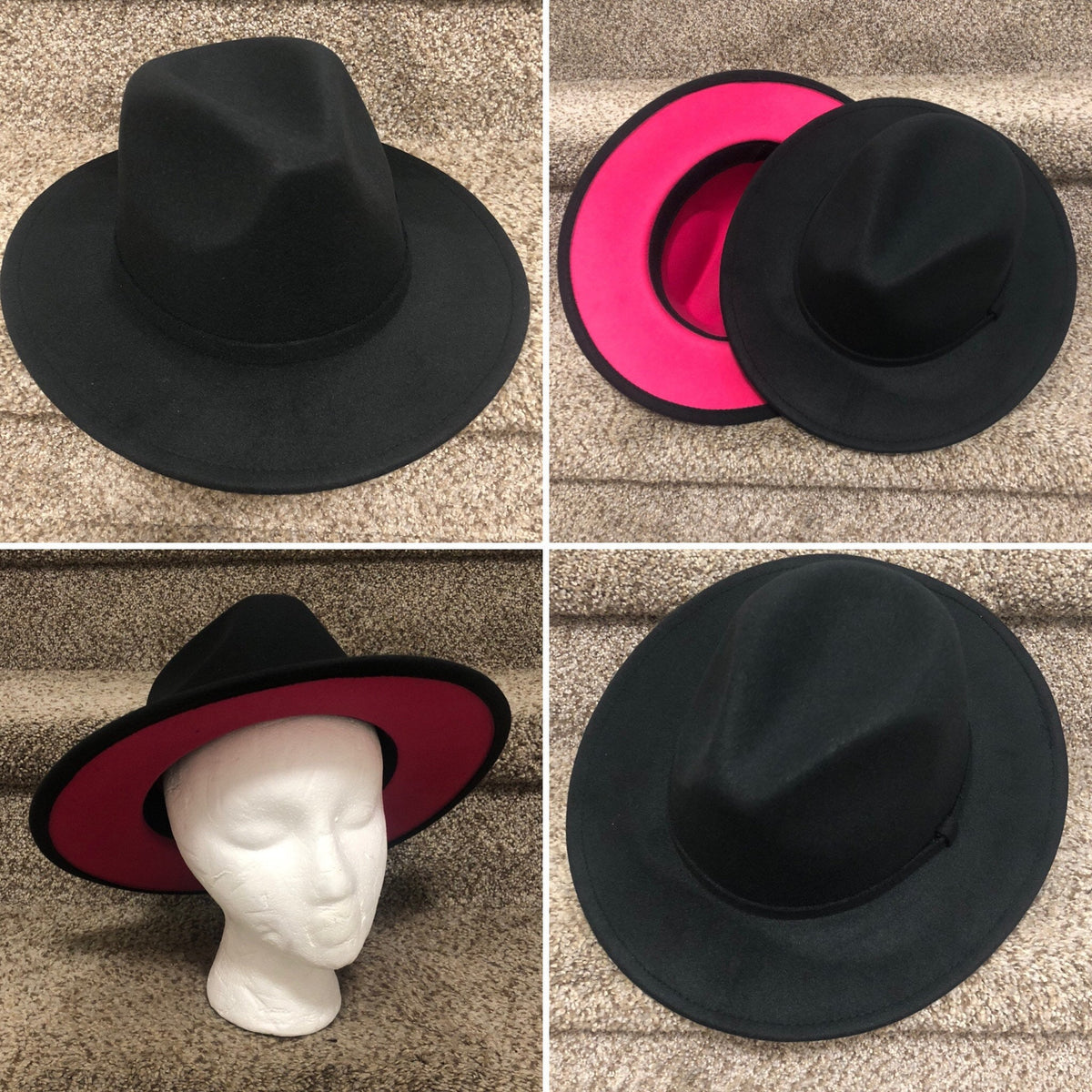 Four views of Zair black fedora with a bright pink brim underside.