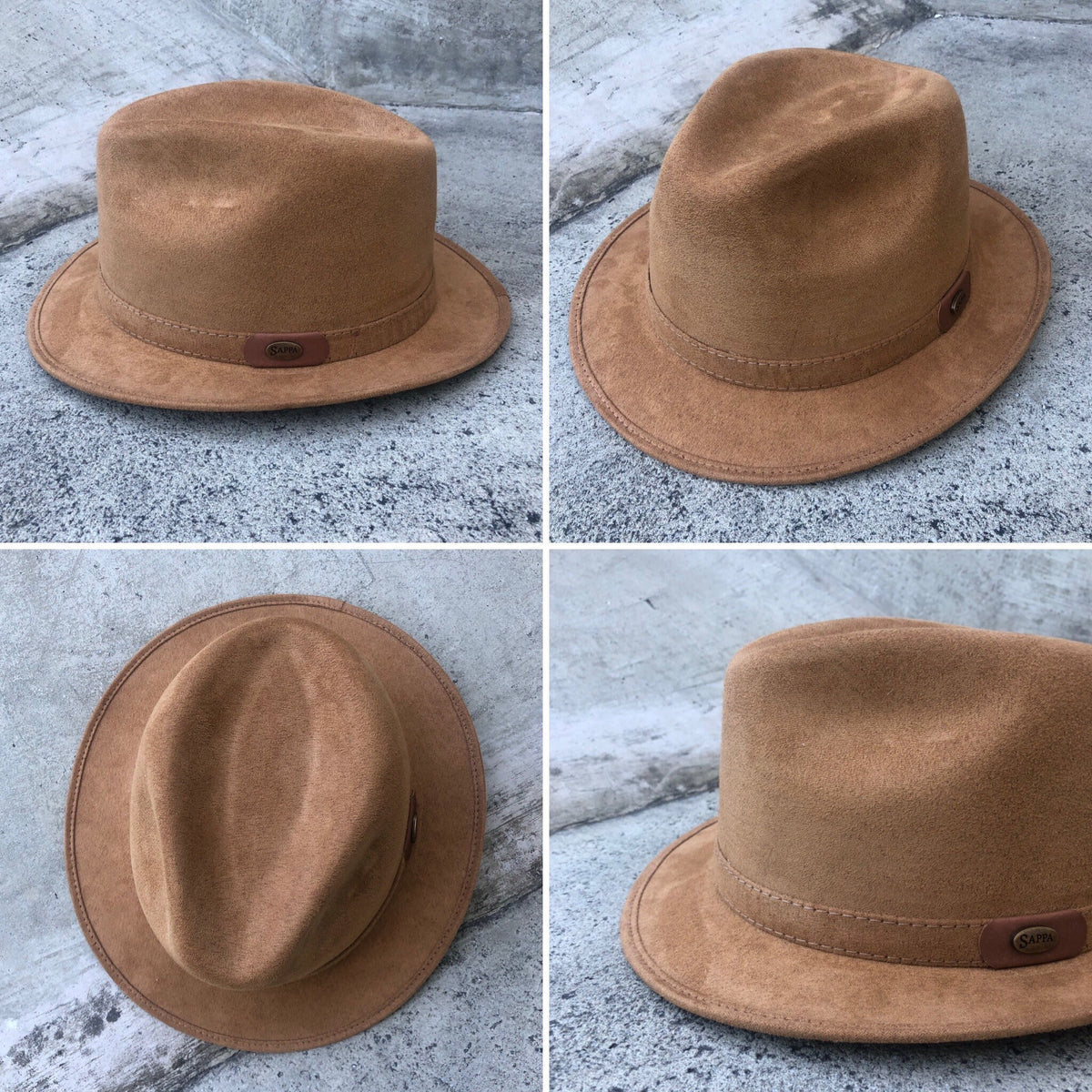 Four views of Boreal Polaris tan short-brim fedora.
