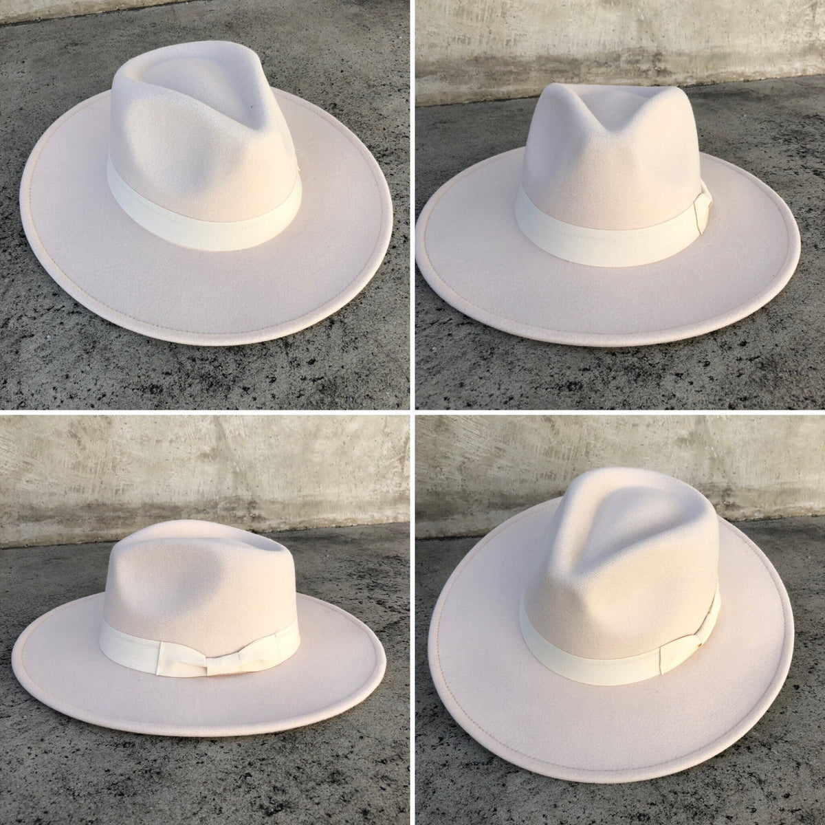 Four angles of Dion ivory with a matching band wide-brim fedora with a grosgrain band.
