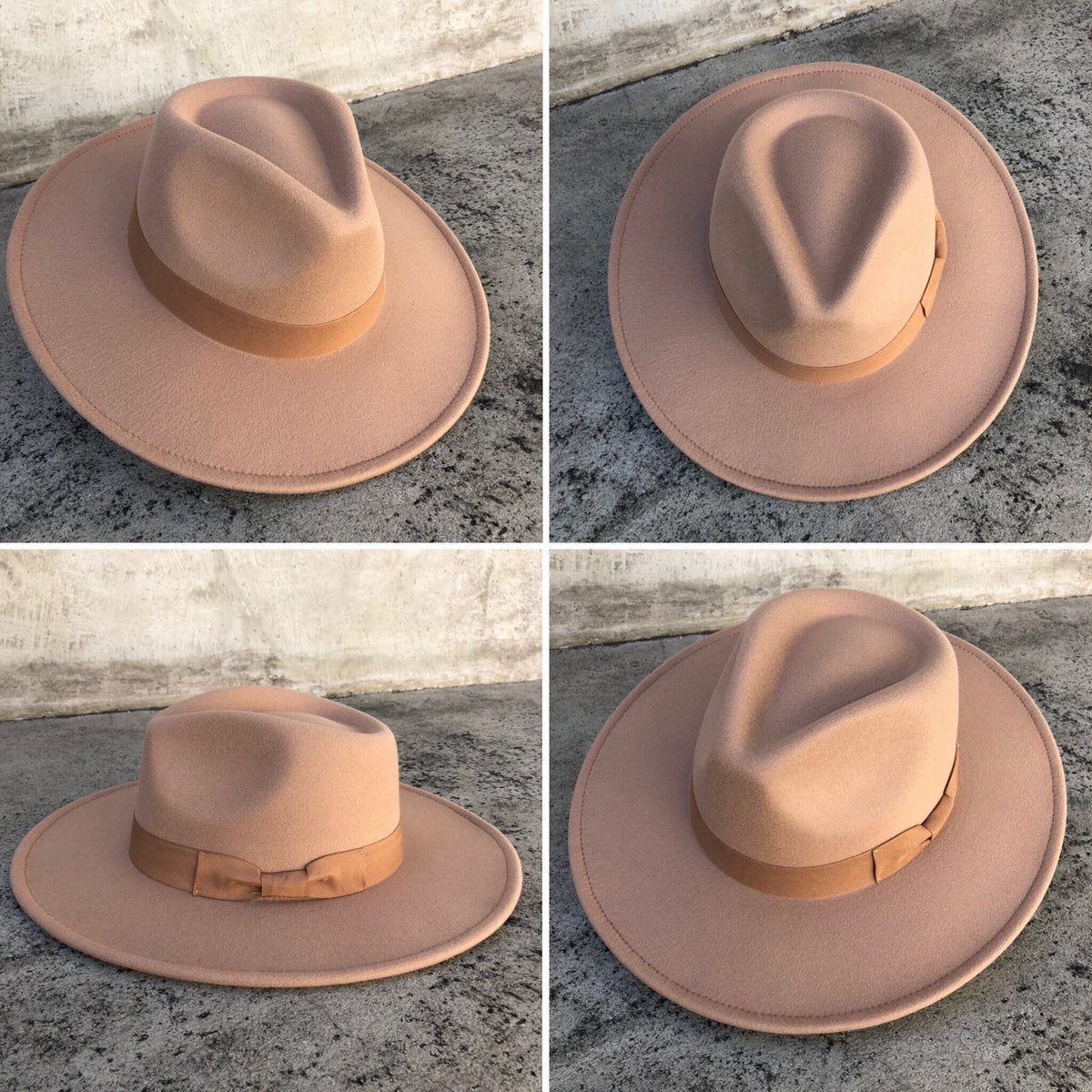 Four angles of Dion light taupe wide-brim fedora with a grosgrain band.