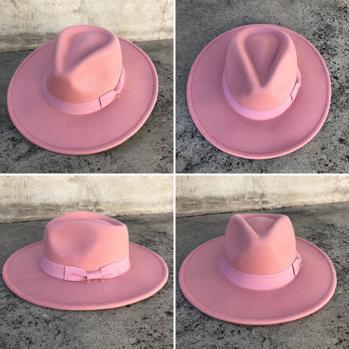 Four angles of Dion dusty pink wide-brim fedora with a grosgrain band.