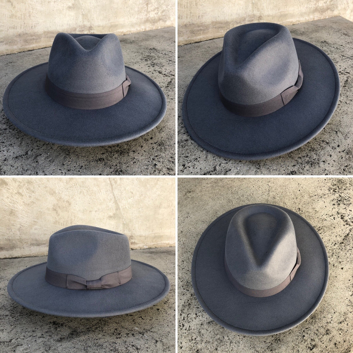Four angles of Dion gray wide-brim fedora with a grosgrain band.
