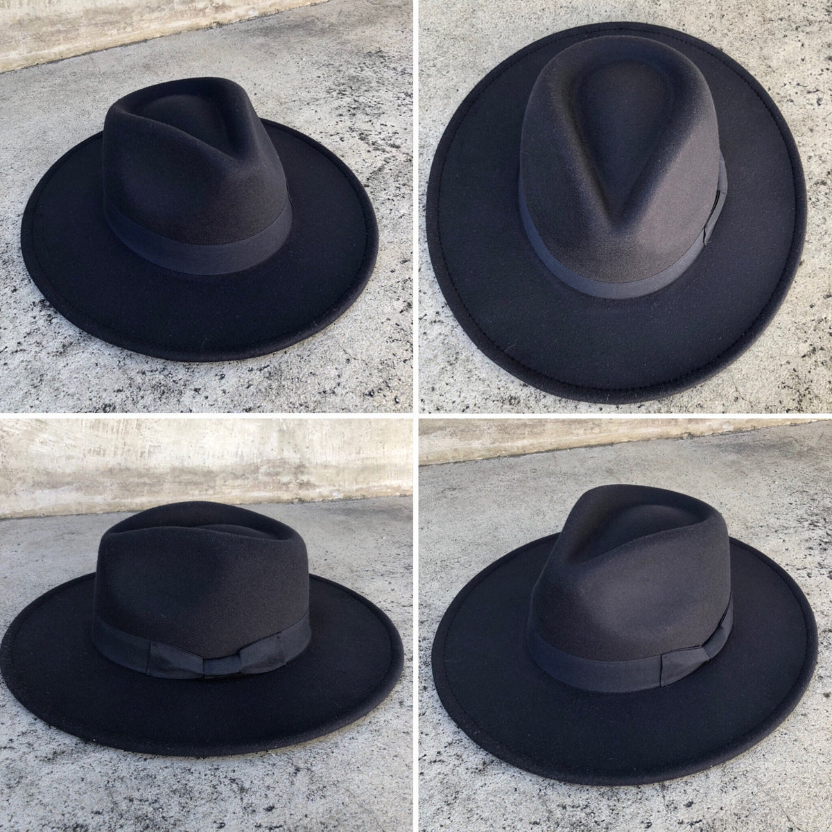 Four angles of Dion black wide-brim fedora with a grosgrain band.