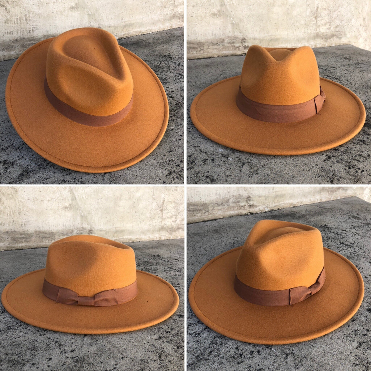Four angles of Dion tan with a brown band wide-brim fedora with a grosgrain band.