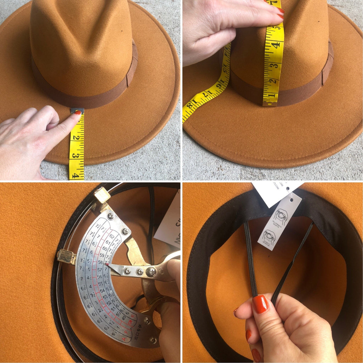 Dion fedora brim and crown measurements with a view of the internal adjustment ribbon.