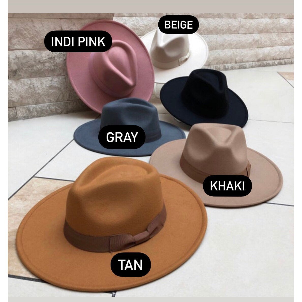 Dion fedora color comparison labeled dusty pink, beige, gray, khaki and tan.