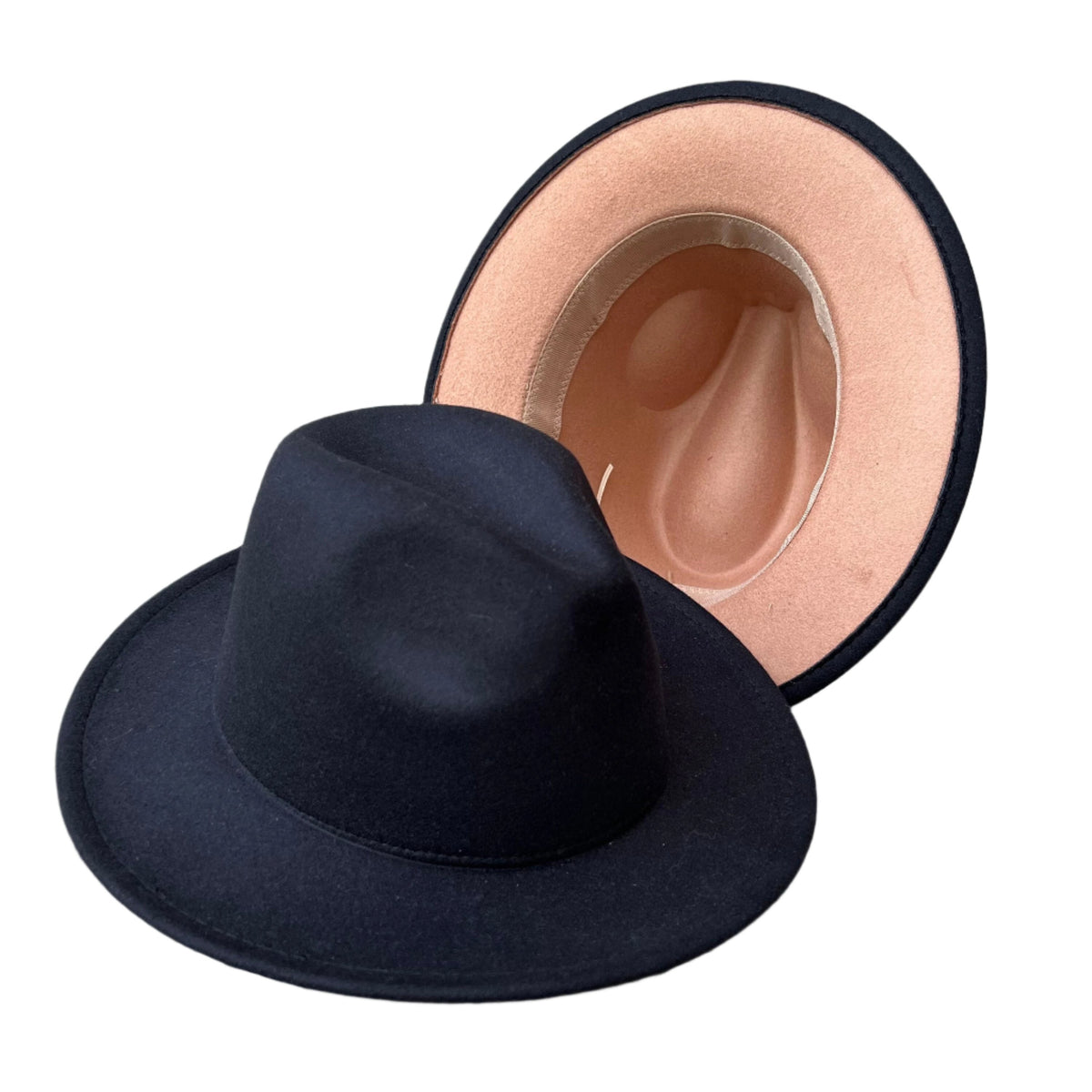 Zair black two-tone wide-brim fedora displayed upright and inverted to show a contrasting light underside.