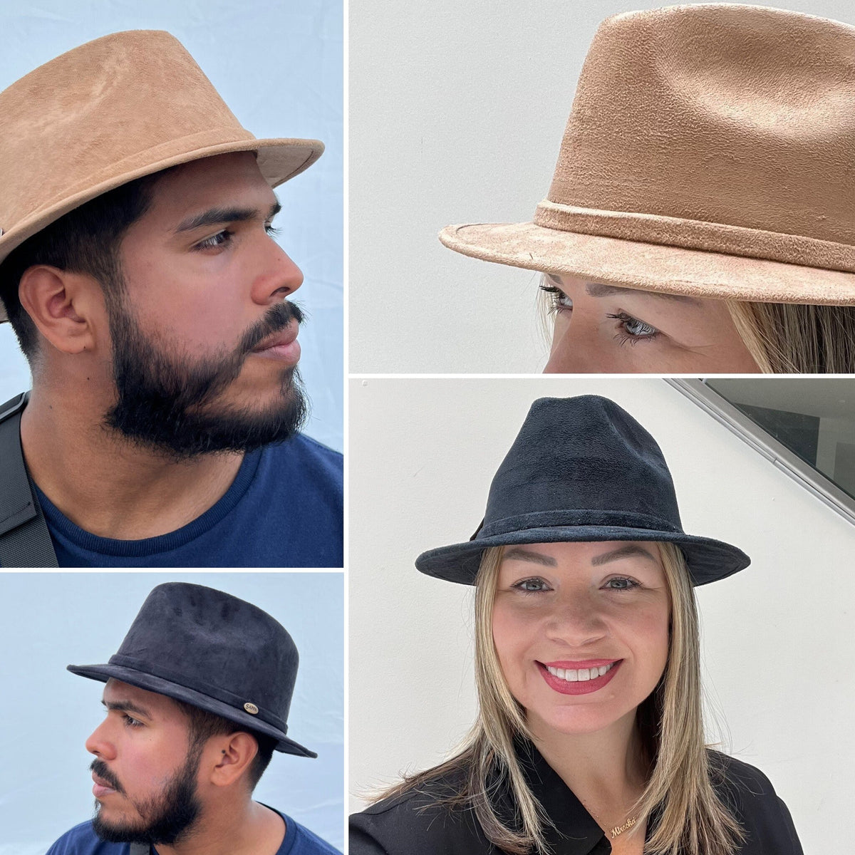 Men and women modeling Boreal Polaris fedoras in tan and black.