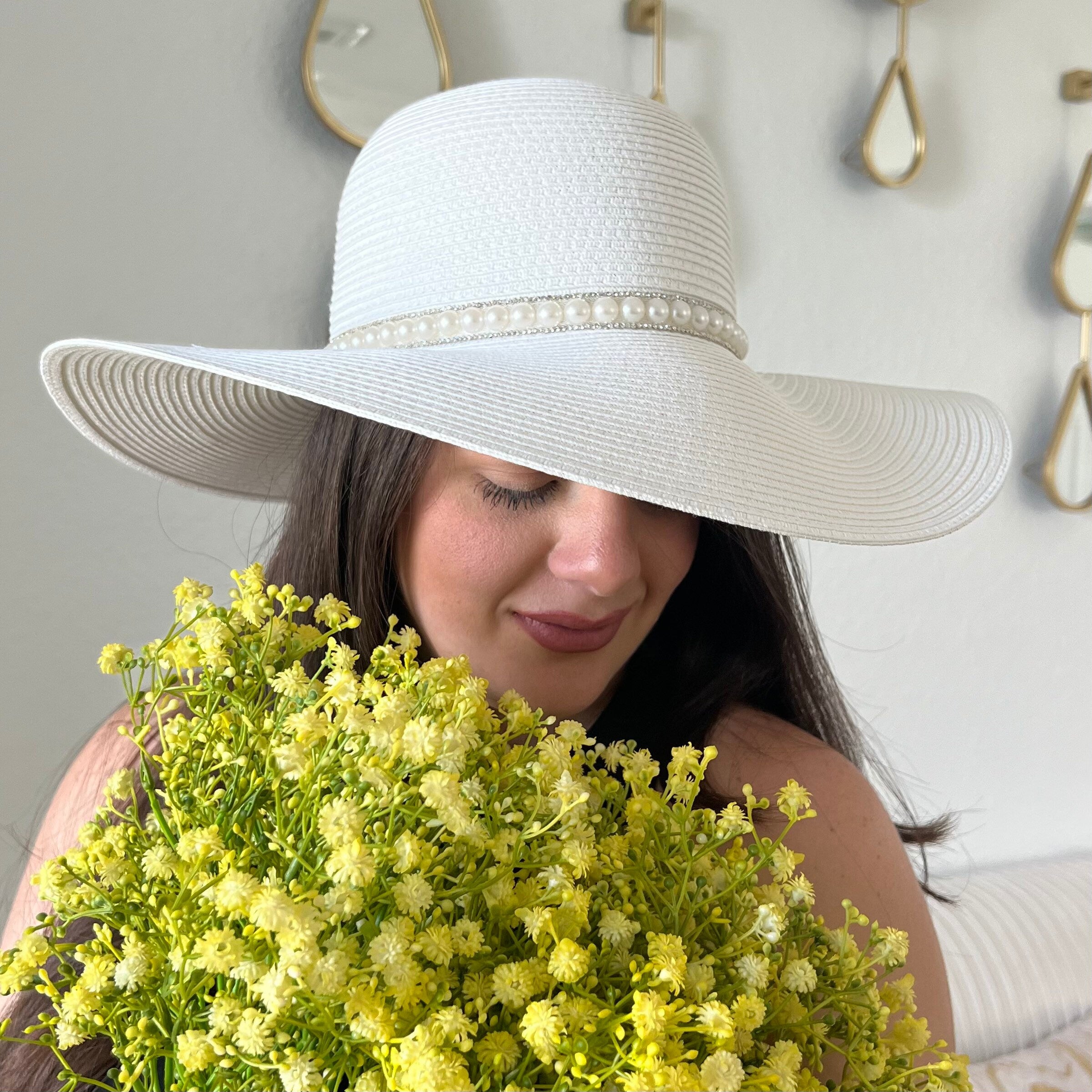 Pearl-Embellished Wide Brim Hat