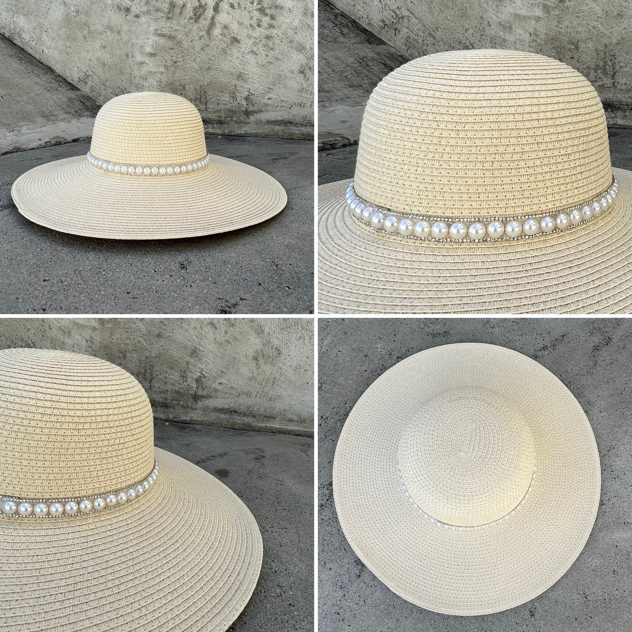 Pearl-Embellished Wide Brim Hat