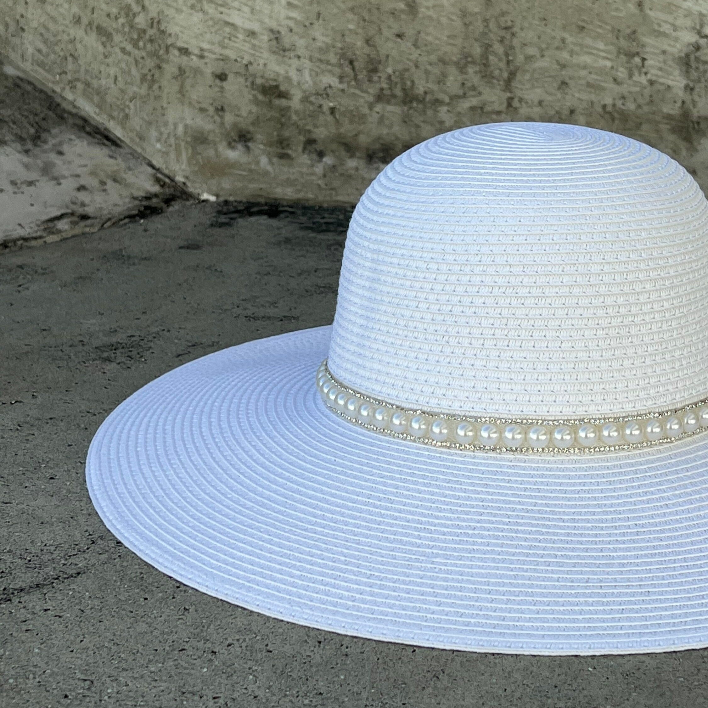 Pearl-Embellished Wide Brim Hat