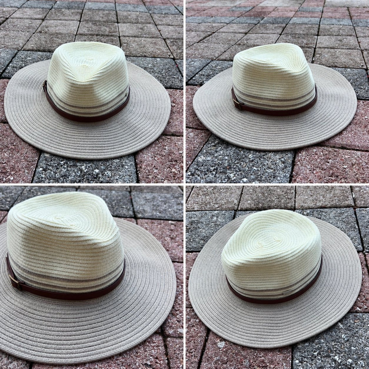 Elan hat collage of the khaki-brim hat from four angles.